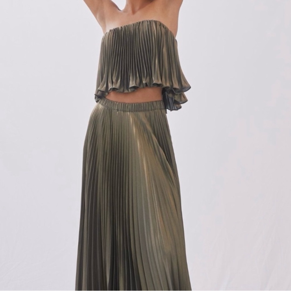 Anthropologie Metallic Olive Green Pleated Skirt & Top - 2pc set